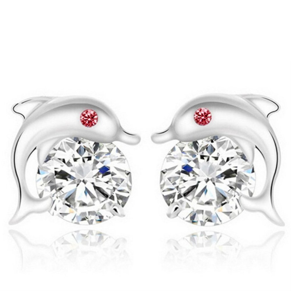 925 Silver Red Eye Dolphin Zircon Stud Earrings for Women, FB16FA1012